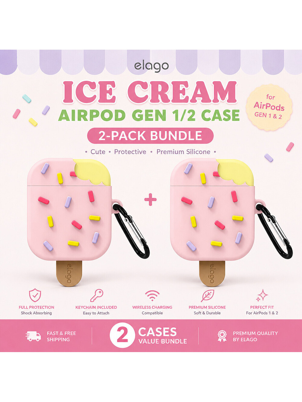 2-Pack elago Ice Cream AirPods Case Gen 1 2 Cover Shockproof Silicone w Keychain